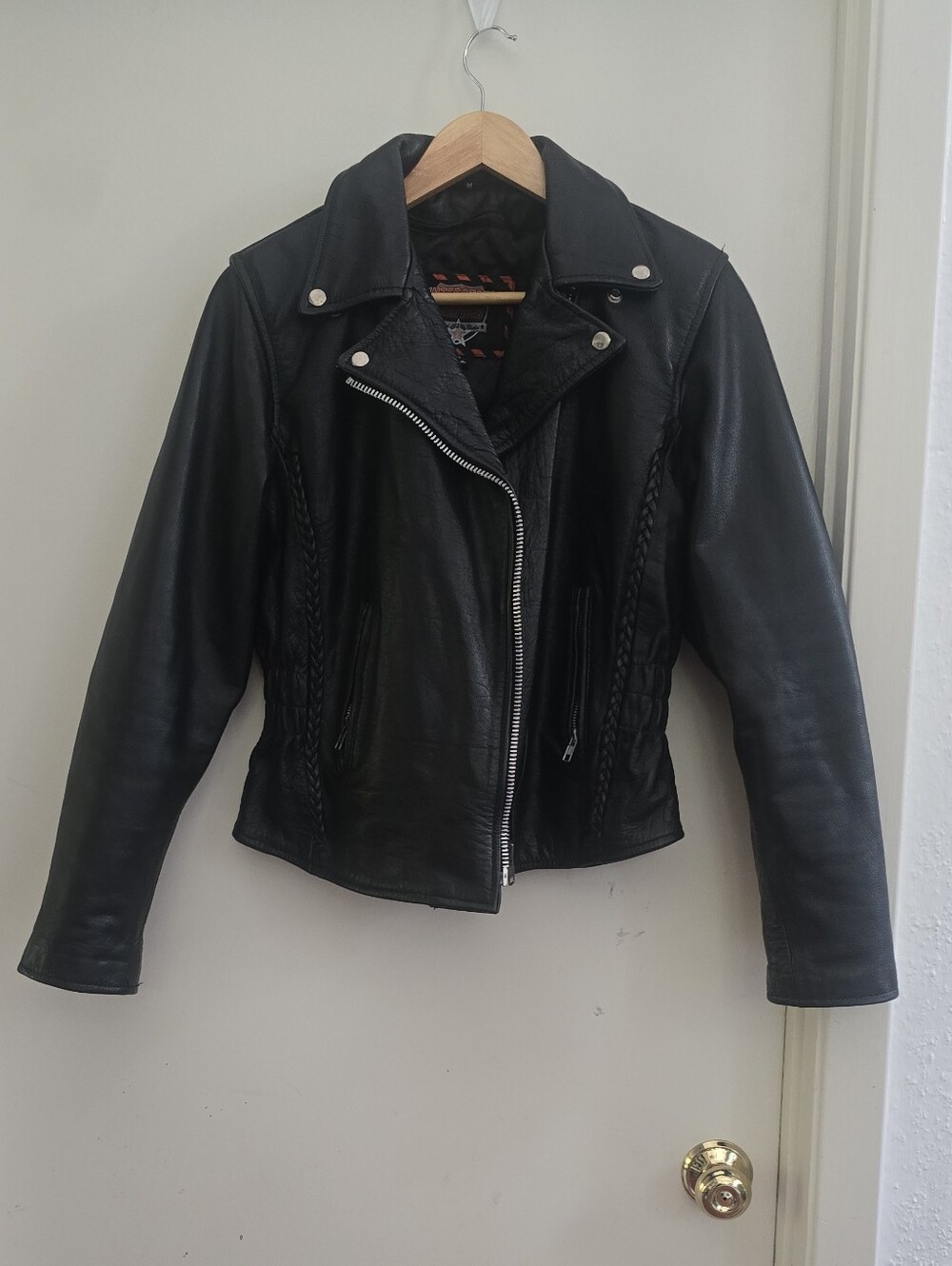 Women's Black Leather Moto Jacket with Braided Side Detail